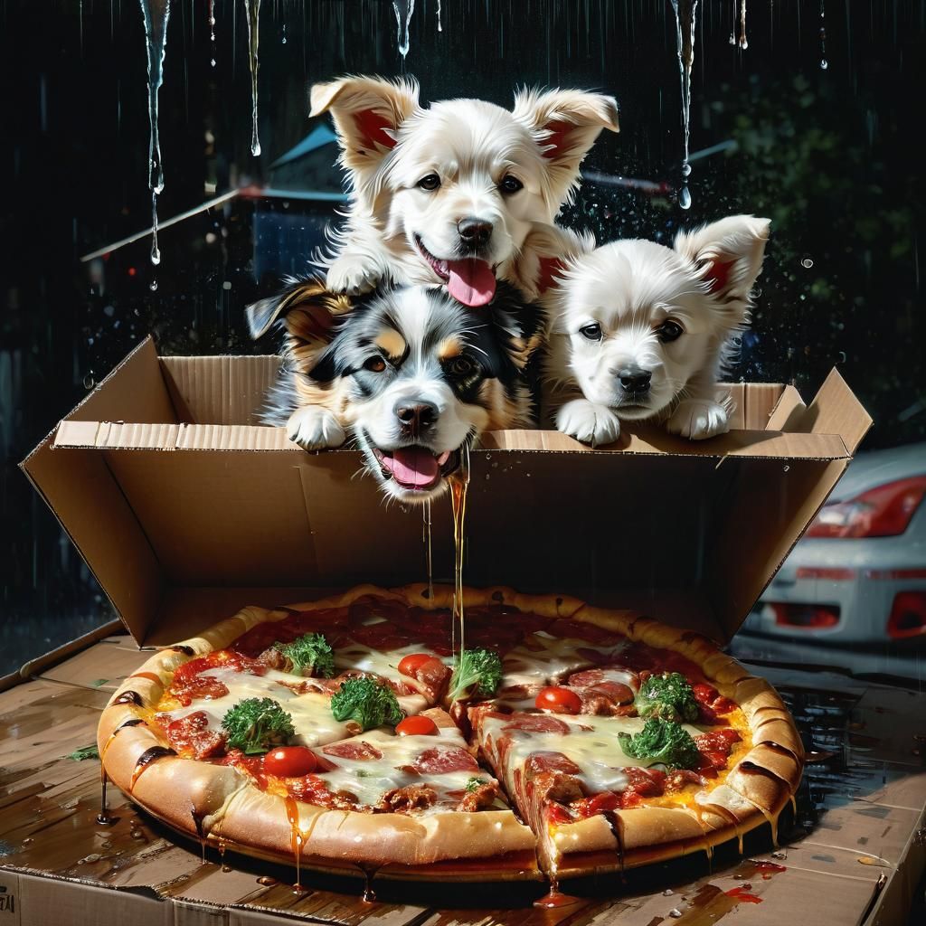 Detailed Matte Painting of Pizza Box in Rain