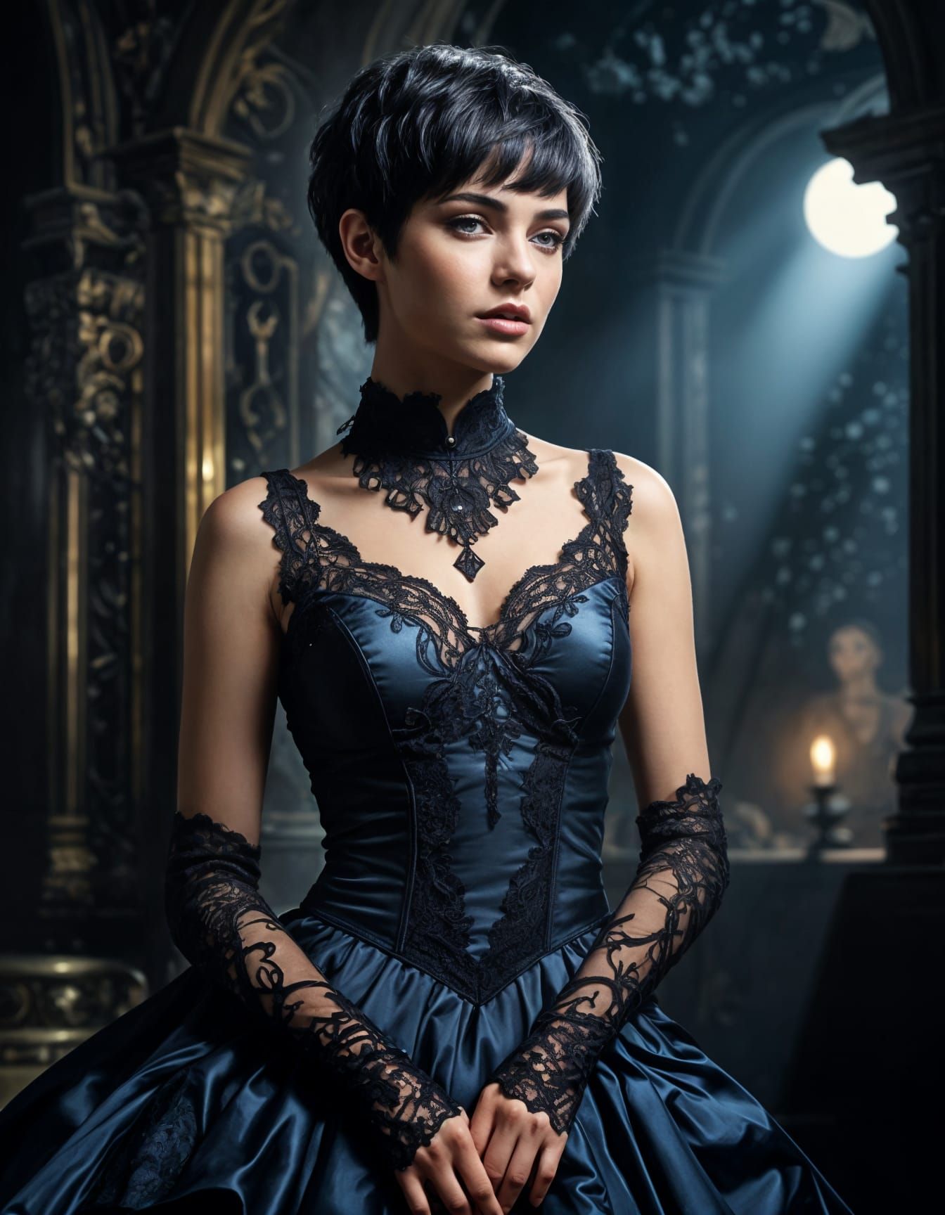 Brunette Woman in Black Lace Maxi Dress