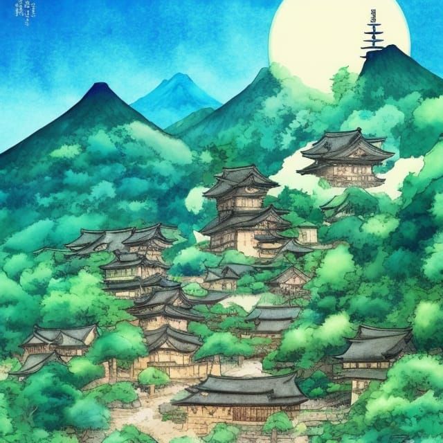 Magical Japanese Village Watercolor Illustration
