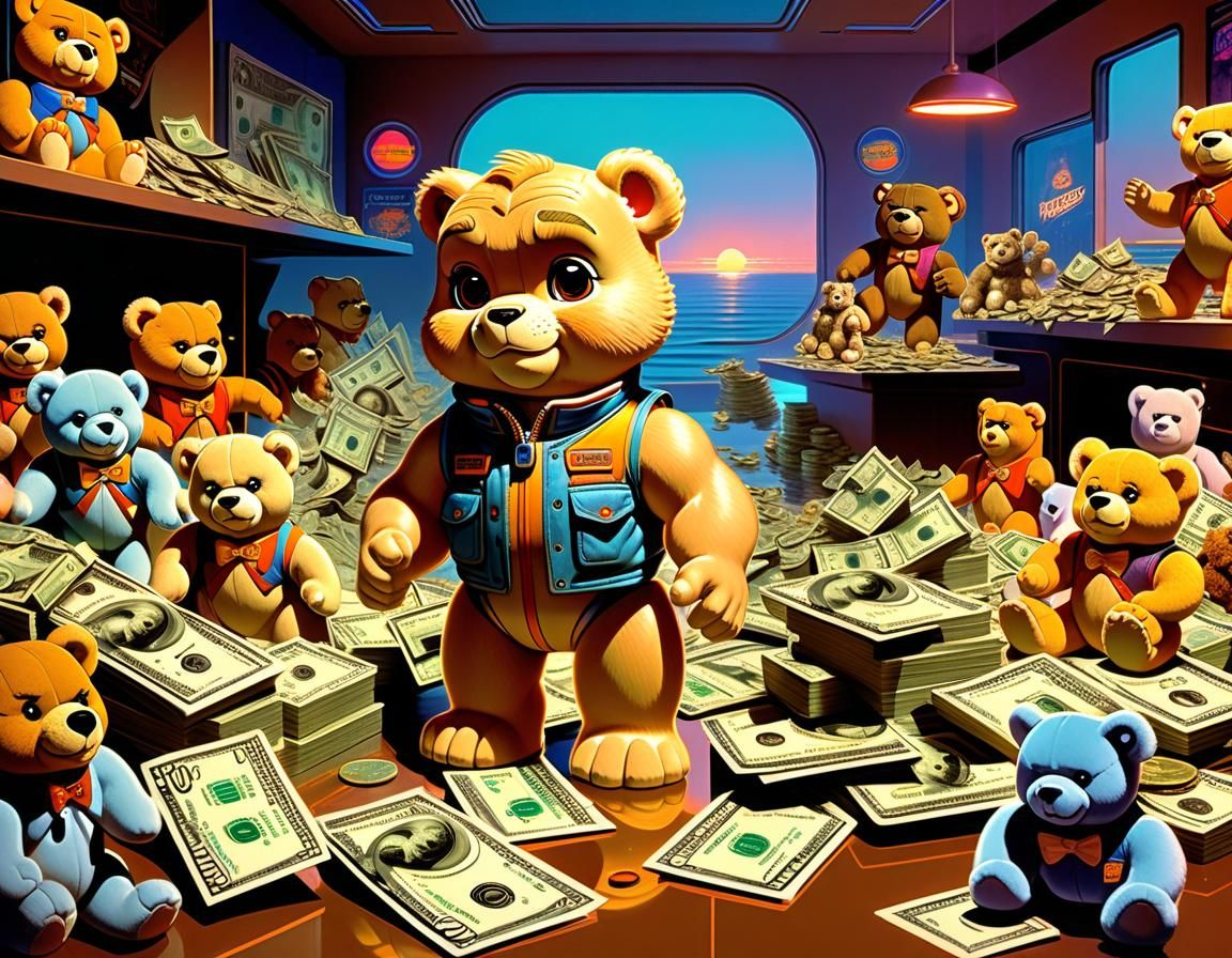 Buff and arrogant Teddy Ruxpin doll on steroids, surrounded by a horde of adoring girl teddy bears, all floating in a se...