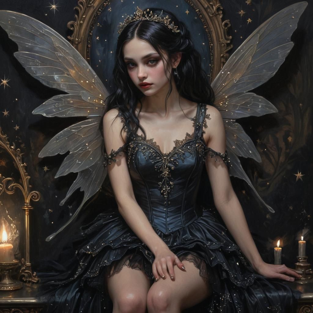 Gothic Fairy at Victorian Vanity in Oil Painting Style