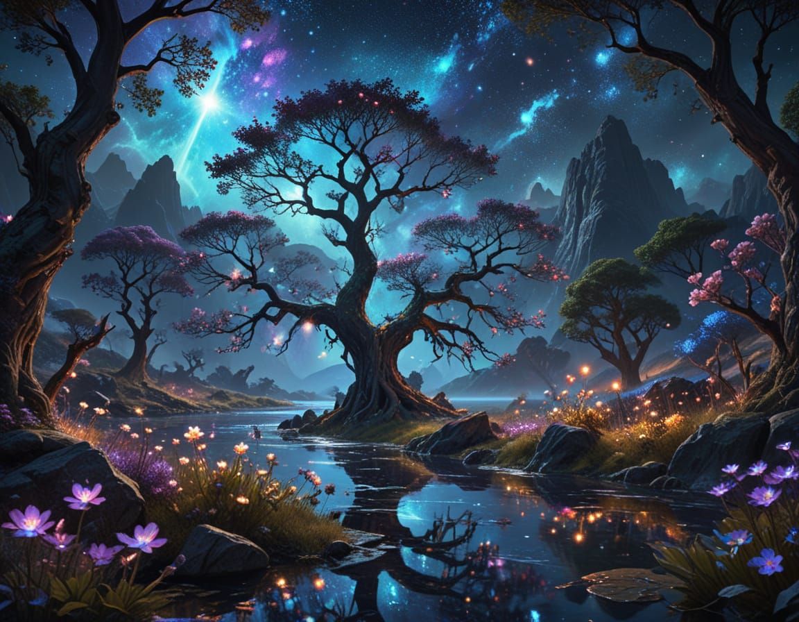 Celestial Landscape with Stardust Rivers and Nebula Mountain...