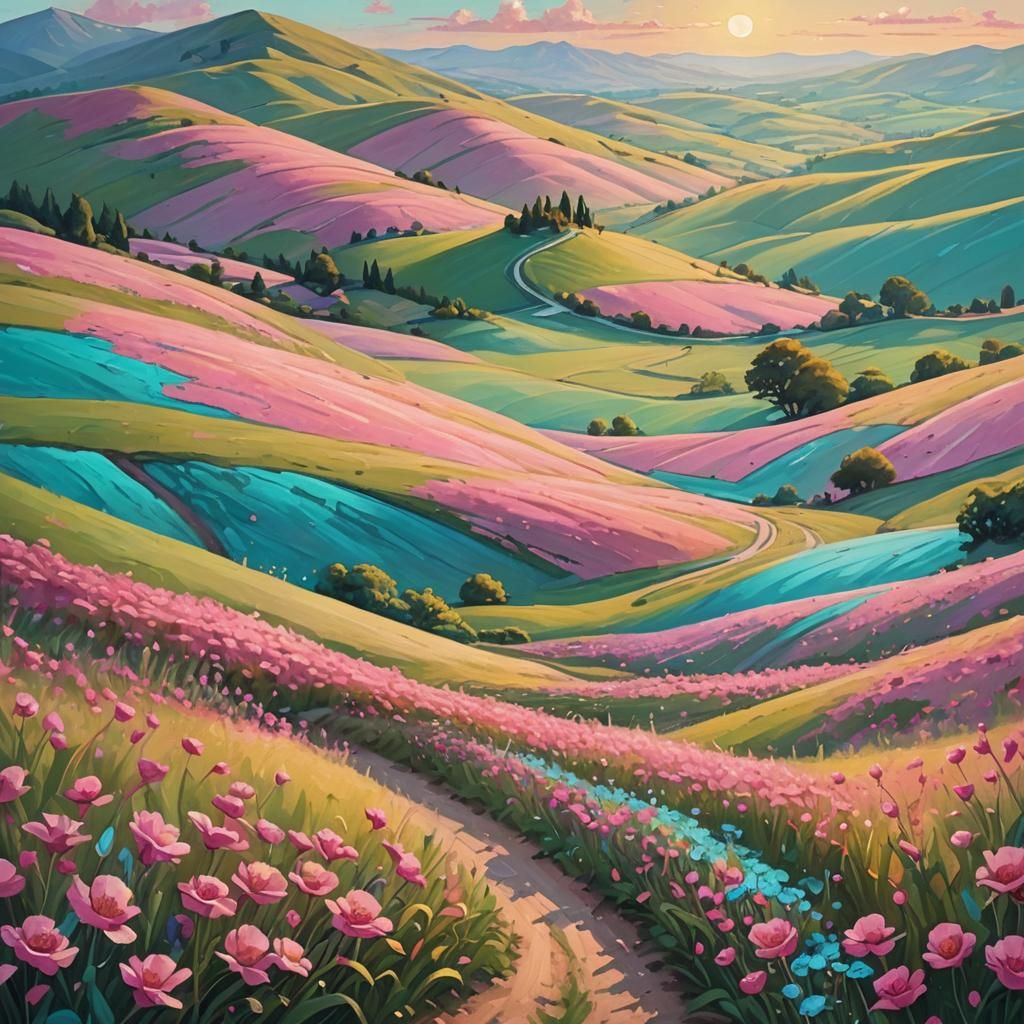 Pink Flowers in Whimsical Fantasy Landscape
