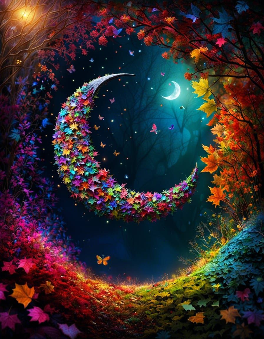 Colorful Crescent Moon in Surreal Winter Landscape