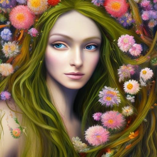 Forest Spirit Goddess Portrait in Oil Painting Style
