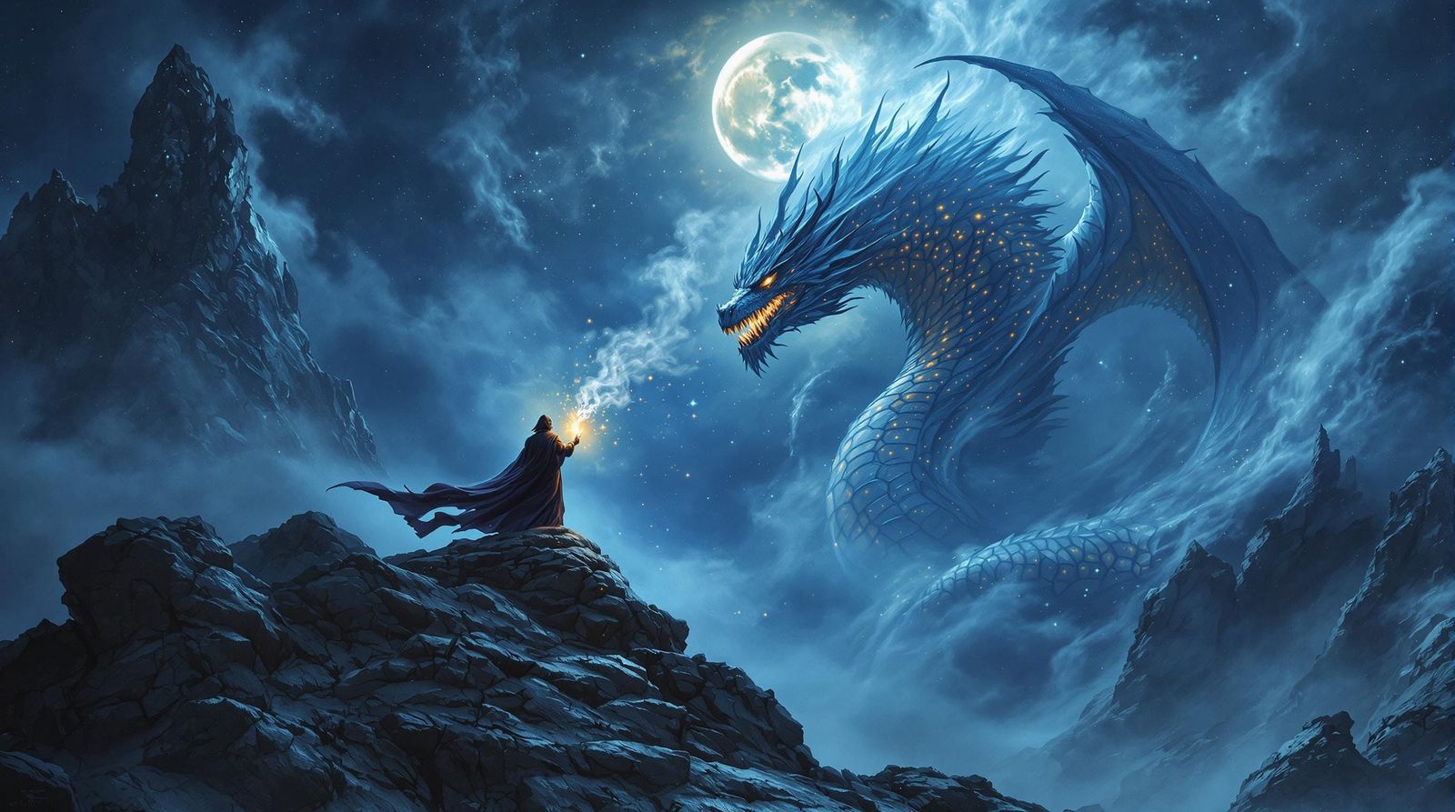 Wizard Conjuring Ethereal Dragon in Gothic Fantasy Style
