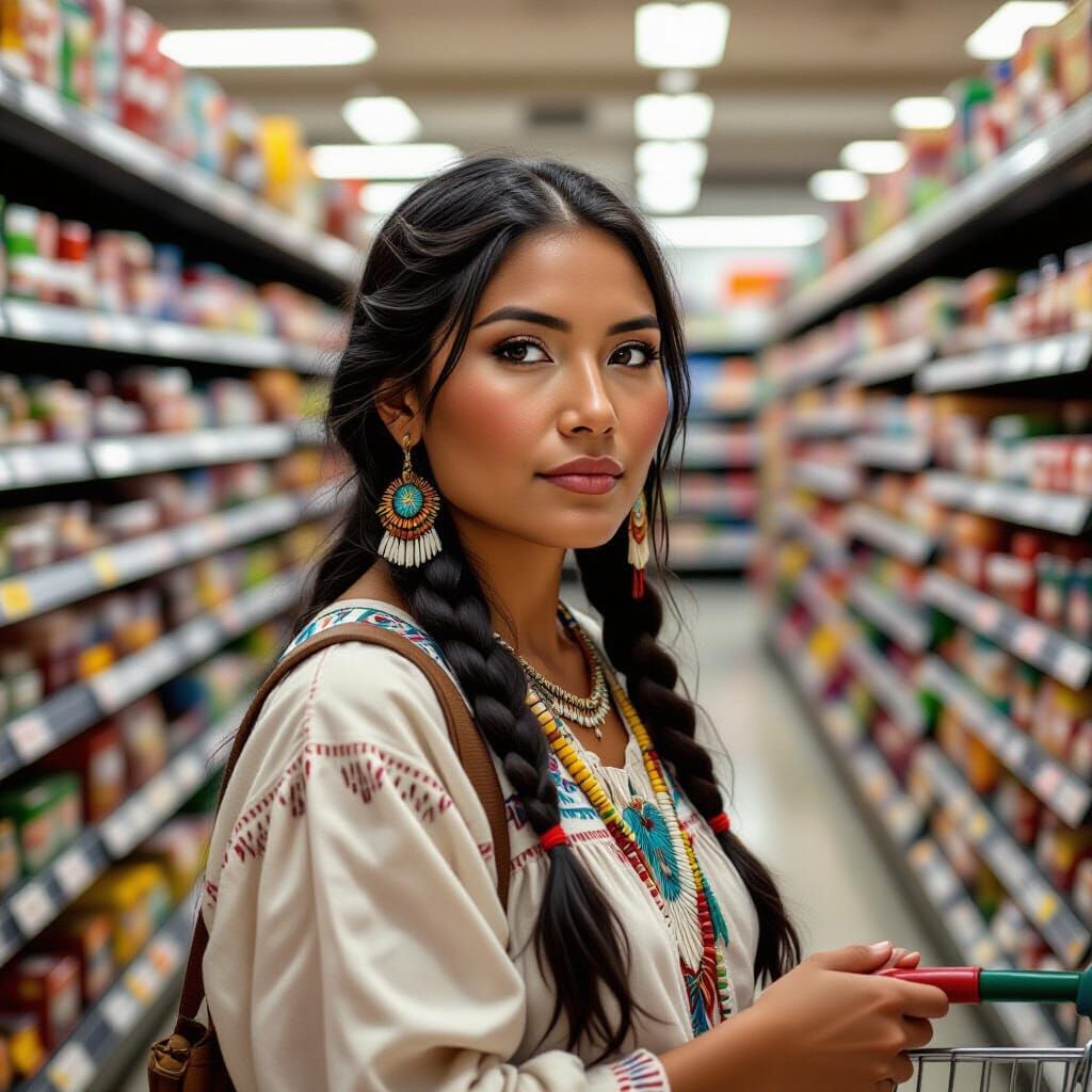 Native American Woman Shops in Supermarket Oil Painting