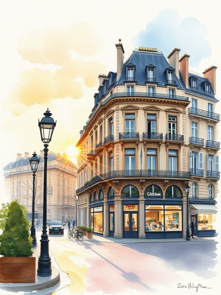 Impressionistic Paris Sunrise in Watercolor