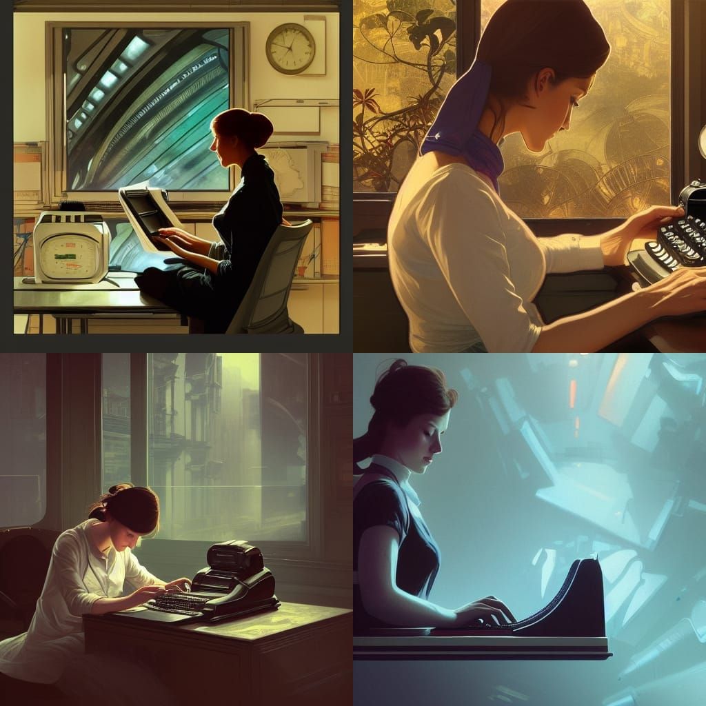 British Girl Typing in Jurassic Era, Art Nouveau Style