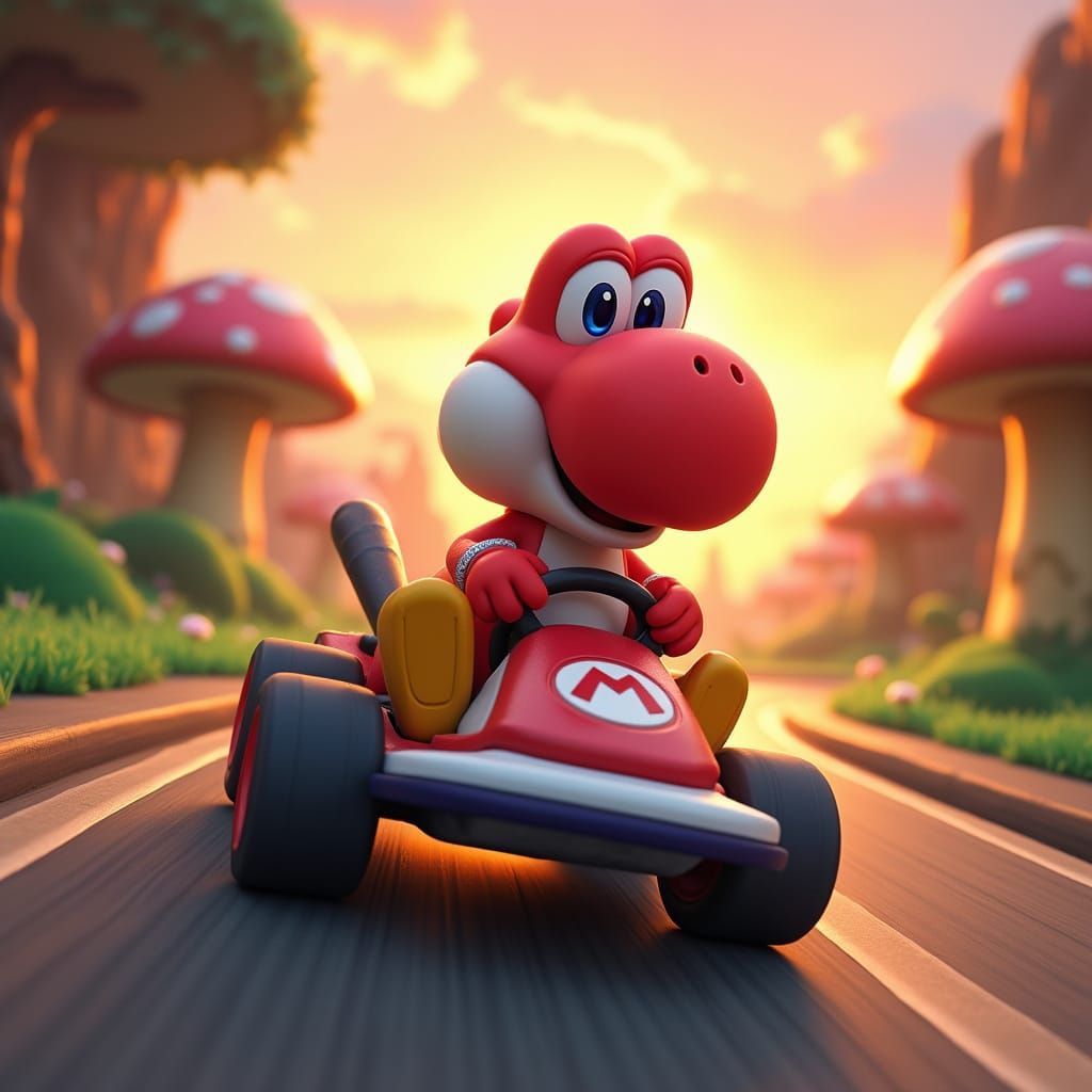 Vibrant Red Yoshi Speeds Through Whimsical MarioKart Track