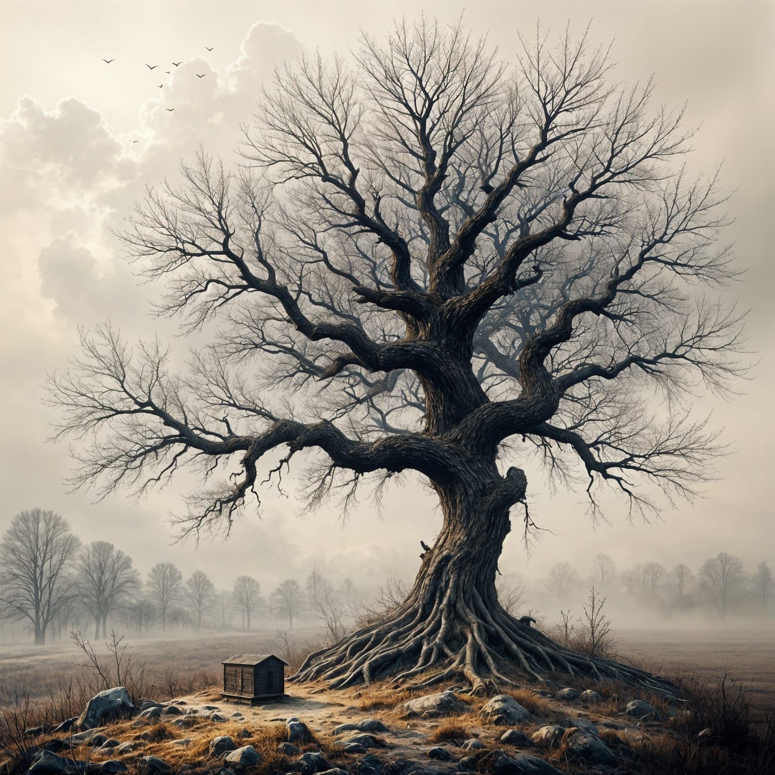 Ancient Tree in Misty Landscape, Dark Fantasy Style