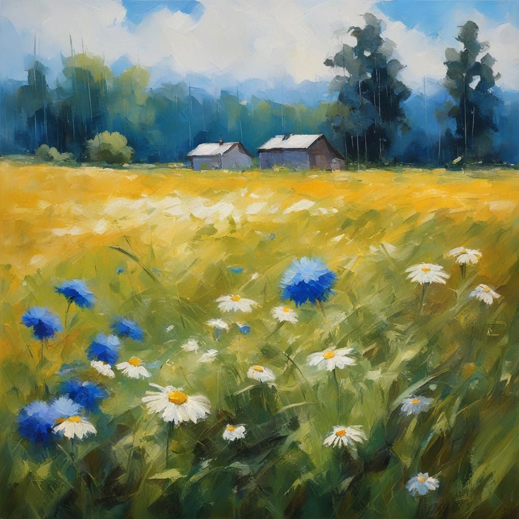 Haystacks and Wildflowers in Sunlit Field, Oil Painting