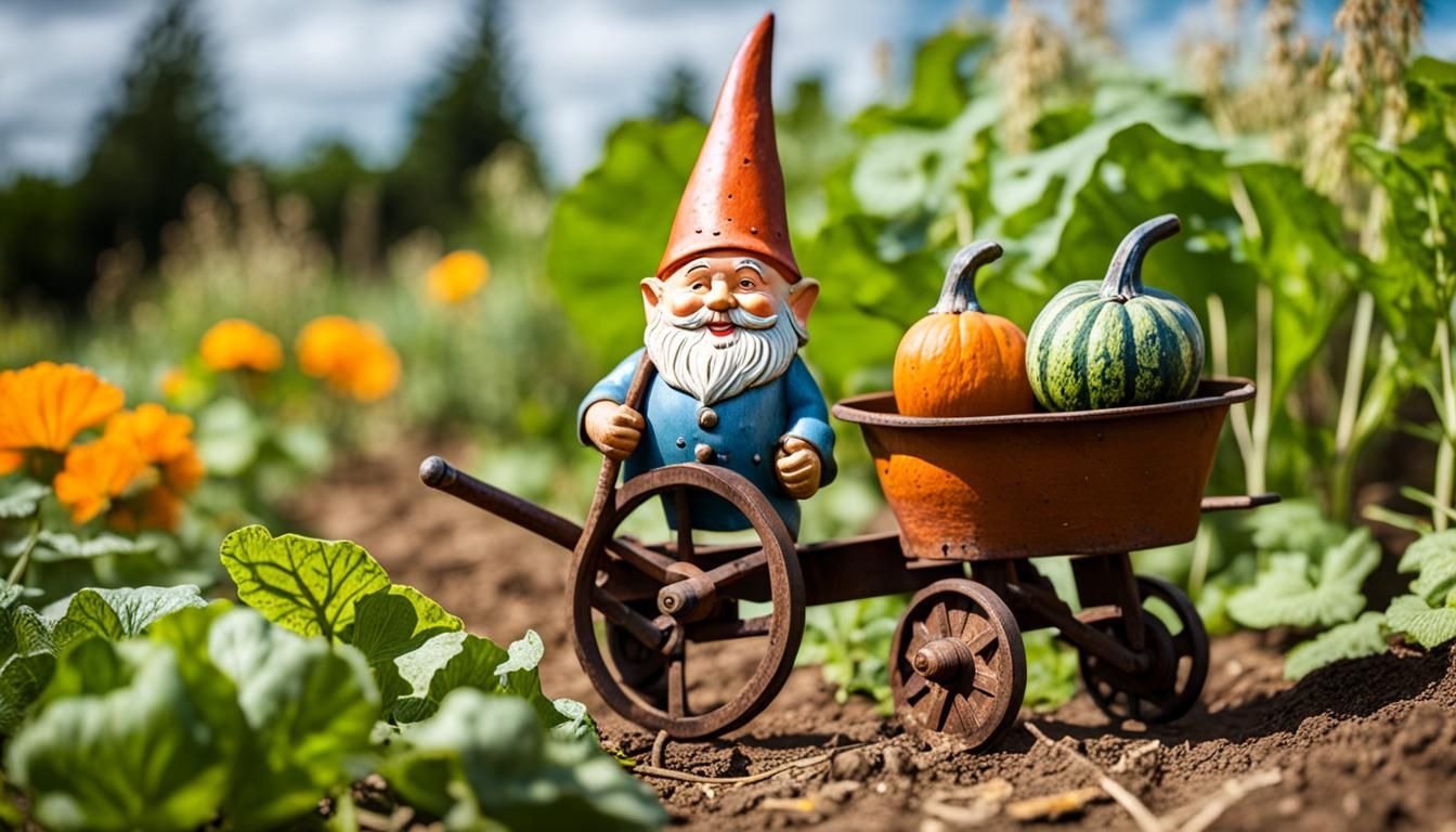 Ragtag Metal Toy Gnome in Veggie Garden