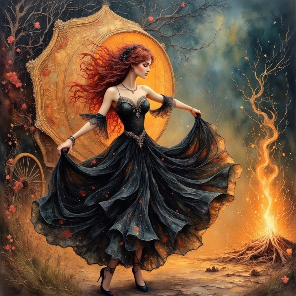 Gypsy Dancer Around Campfire in Art Nouveau Style