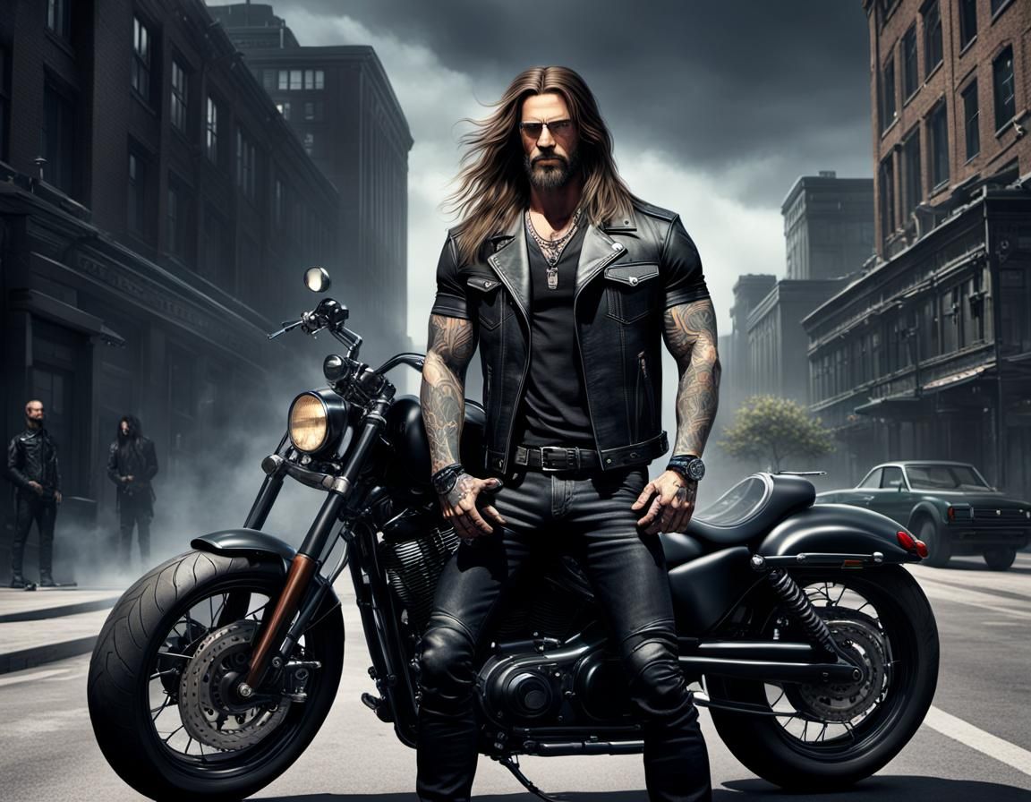 Confident Biker: Dark Digital Art Portrait