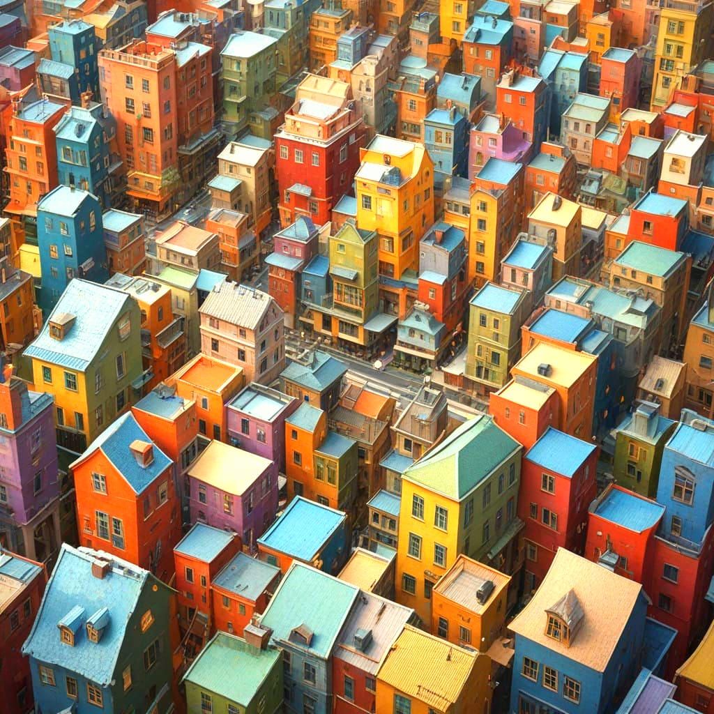Vibrant 3D Cityscape in Mixed Media Style