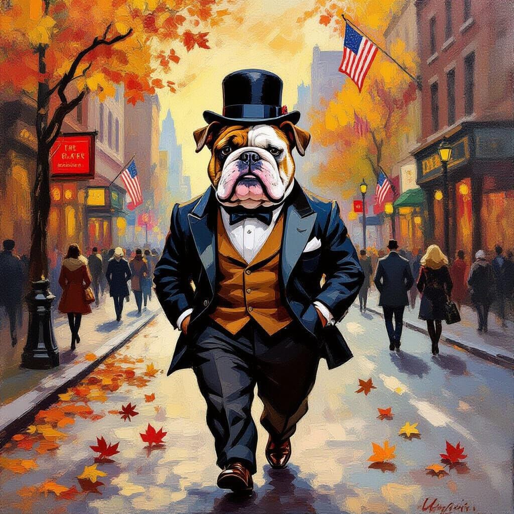 Dapper Bulldog in NYC Street Scene, Impressionistic Style