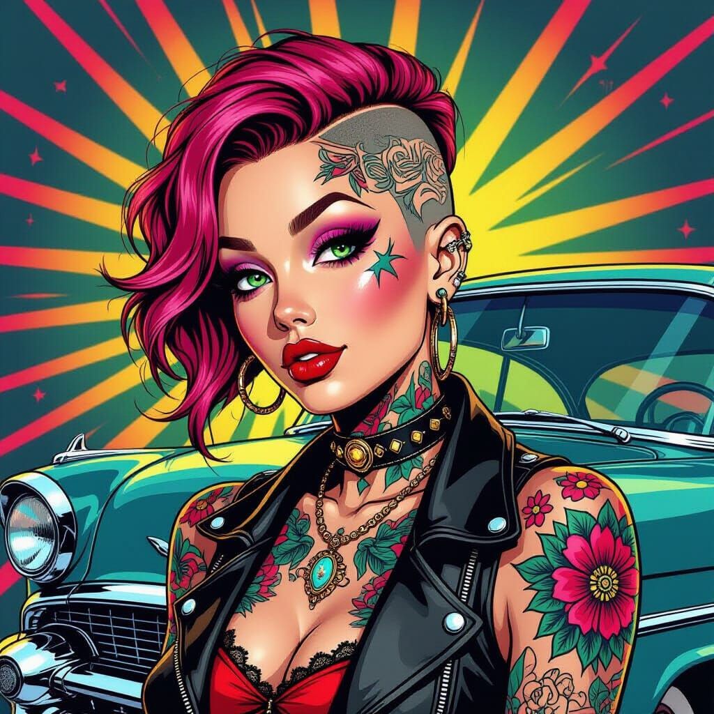 Tattooed Carniepunk Girl in Neon Pop Art Style