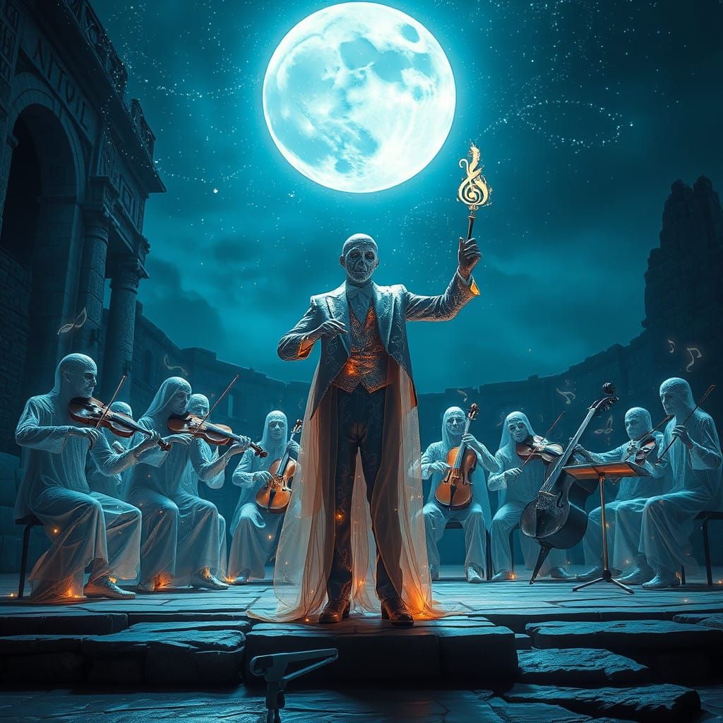Ethereal Conductor Leads Phantom Orchestra in Ancient Moonli...