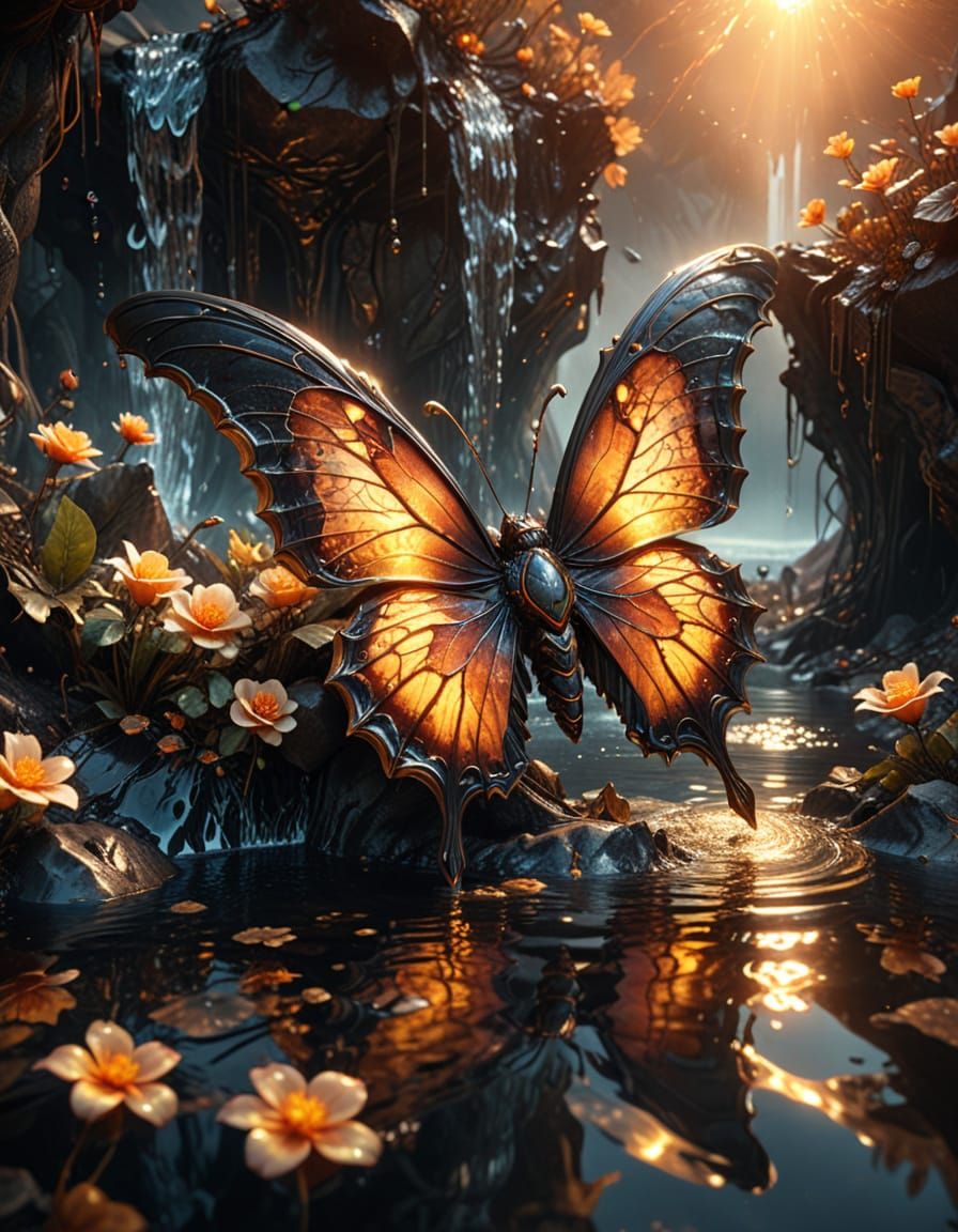 Biomechanical Butterfly Emerges in Golden Hour