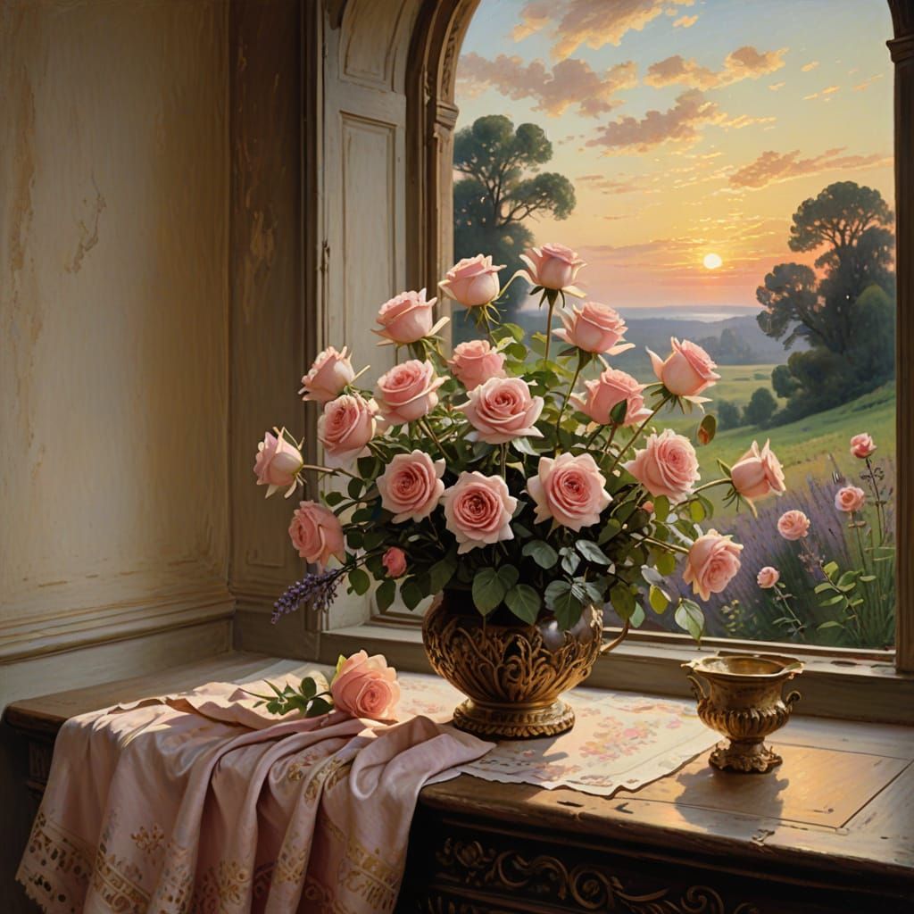 Baroque Roses in Warm Sunset Glow