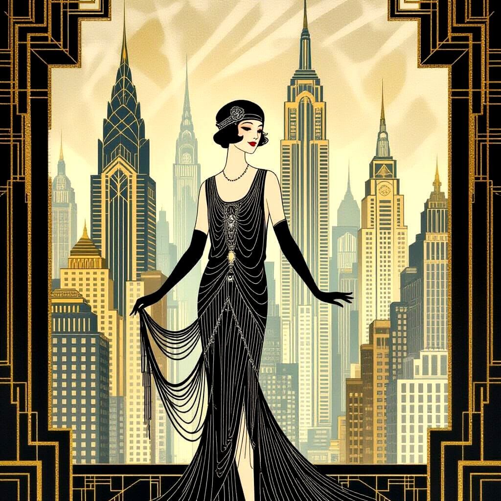 Art Deco Cityscape with Elegant Flapper Lady