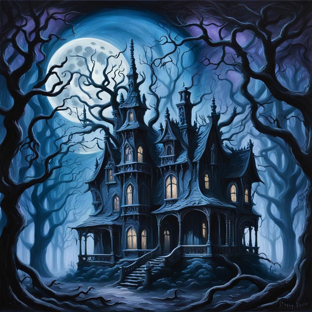 Gothic Manor in Dark Forest at Midnight in Oily Style
