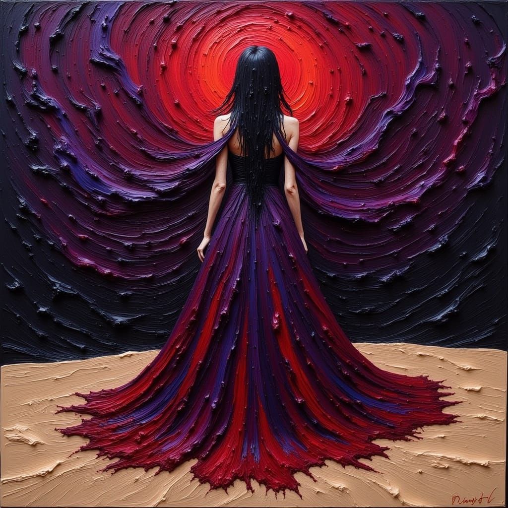 Voluminous Purple Gown in Swirling Abstract Style