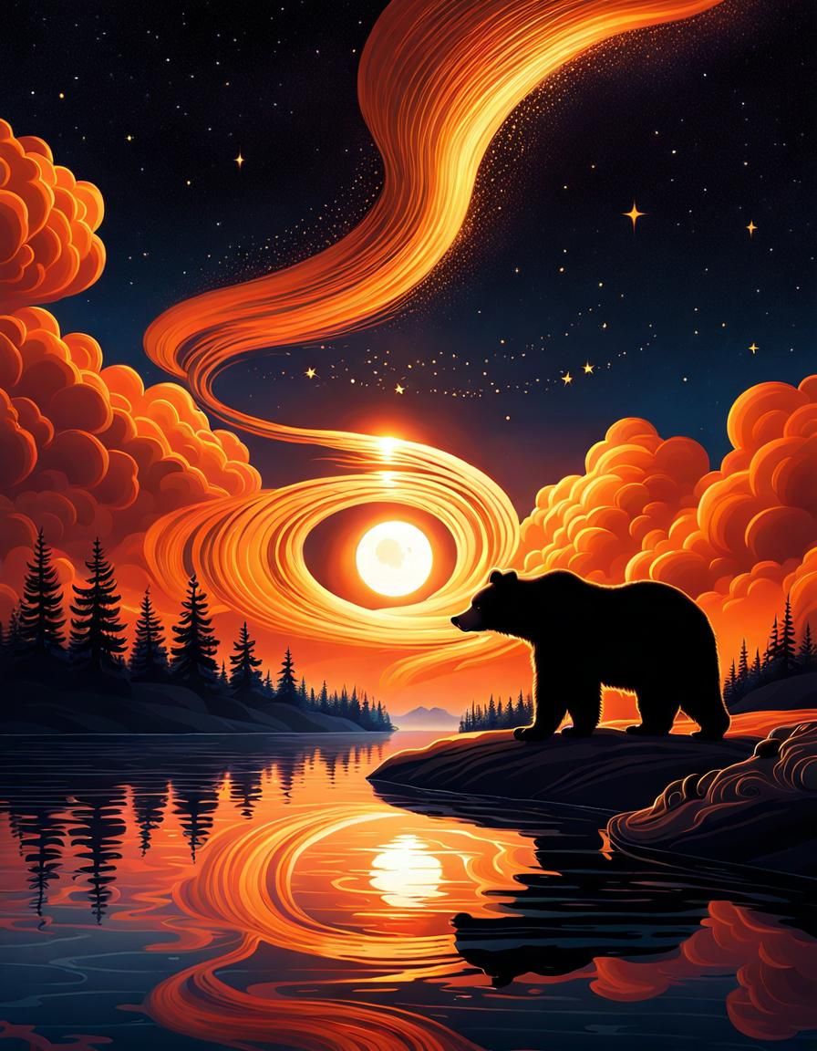 Swirling Sunset: Bear Reflection in Dreamy Cosmos