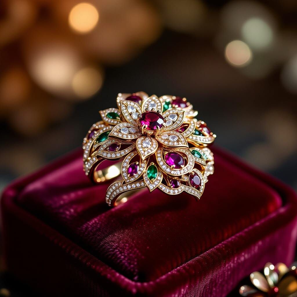 Floral Gemstone Ring on Velvet Pillow