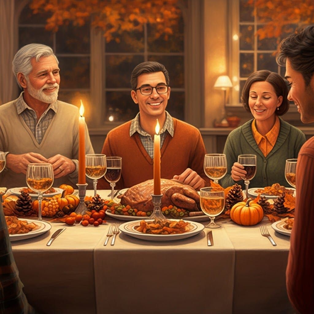 Thanksgiving Family Gathering in Warm Impressionist Style