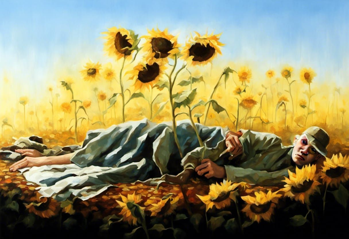 Dead Soldiers Bloom in Sunflower Field: An Oil Painting
