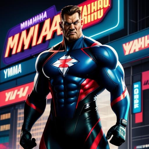 Muscle Man in Yamaha Superhero Suit: Vibrant Digital Art