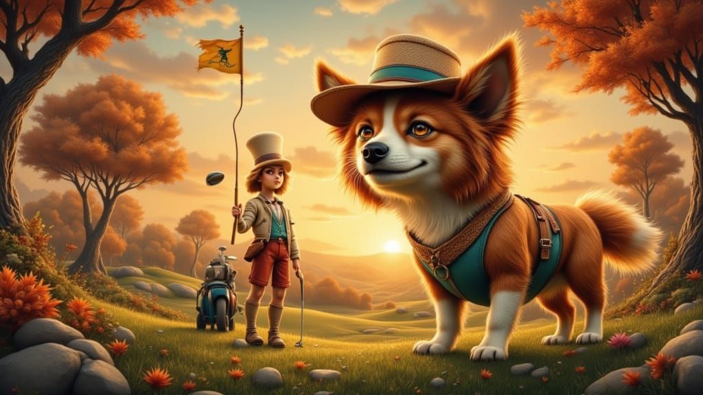 Surreal Golf Tournament: Dog and Owner in Matching Outfits