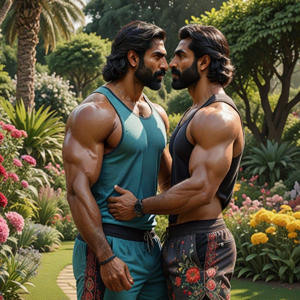 Muscular Men Embrace in Colorful Garden: Hyper-Realistic