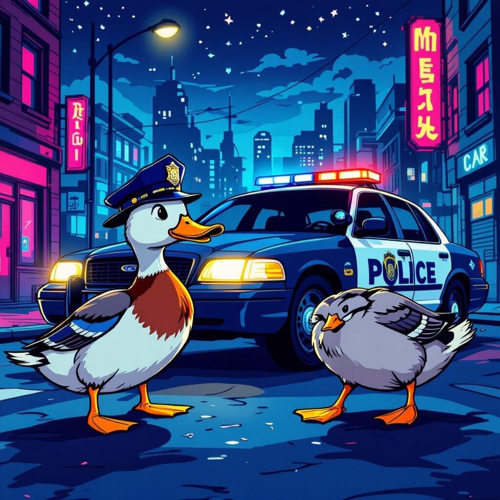 Cartoon Duck Evades Police Car in Vibrant Cityscape