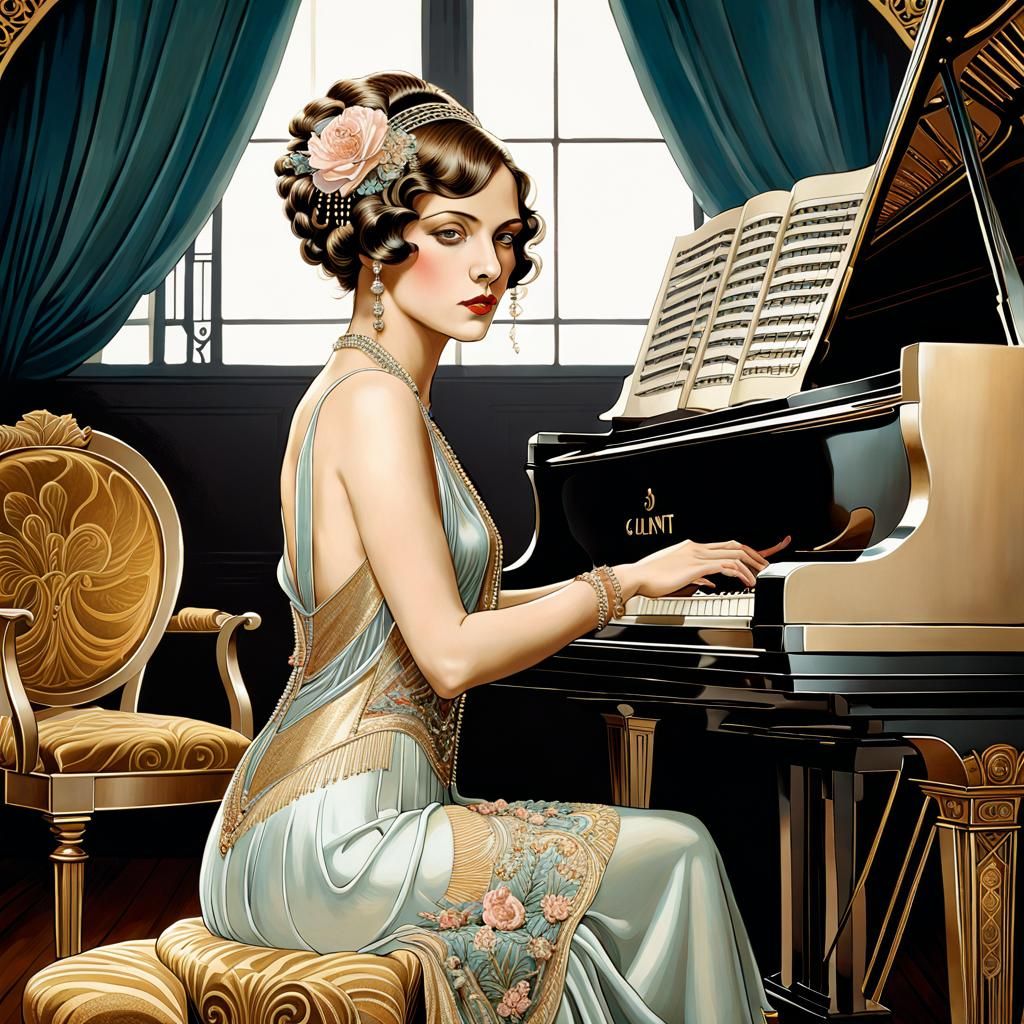 Art Deco Woman at Grand Piano in Ballroom