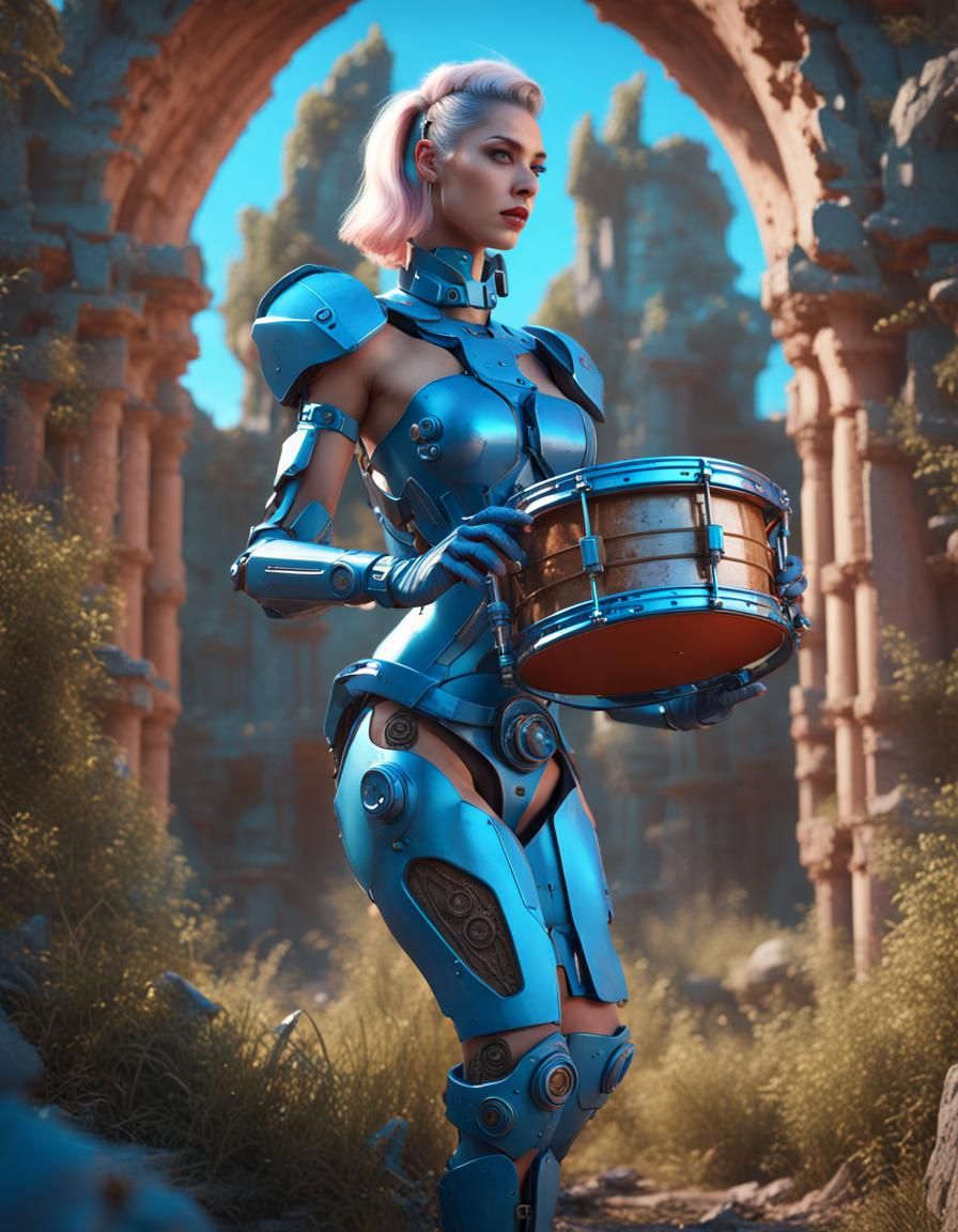 Sci-Fi Pinup Drummer in Ancient Ruins