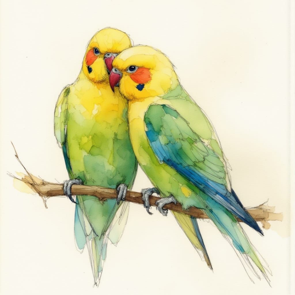Parakeets Snuggling on a Branch in Watercolor