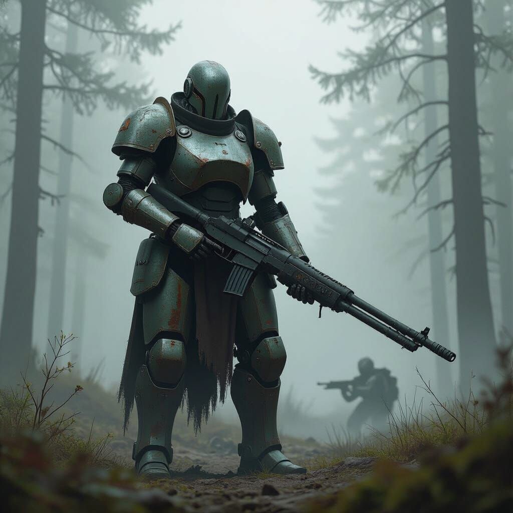Female Warforged Warrior in Misty Battlefield