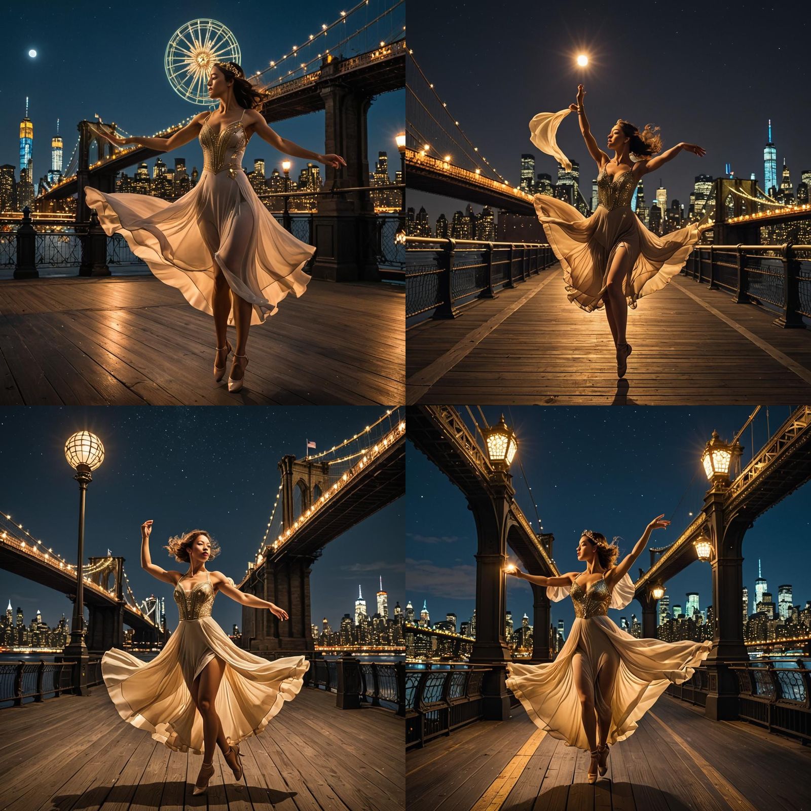 Ballerina Dances on Brooklyn Bridge at Night