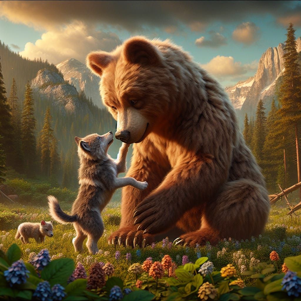 a curious  wolf cub sniffs the  brown bear