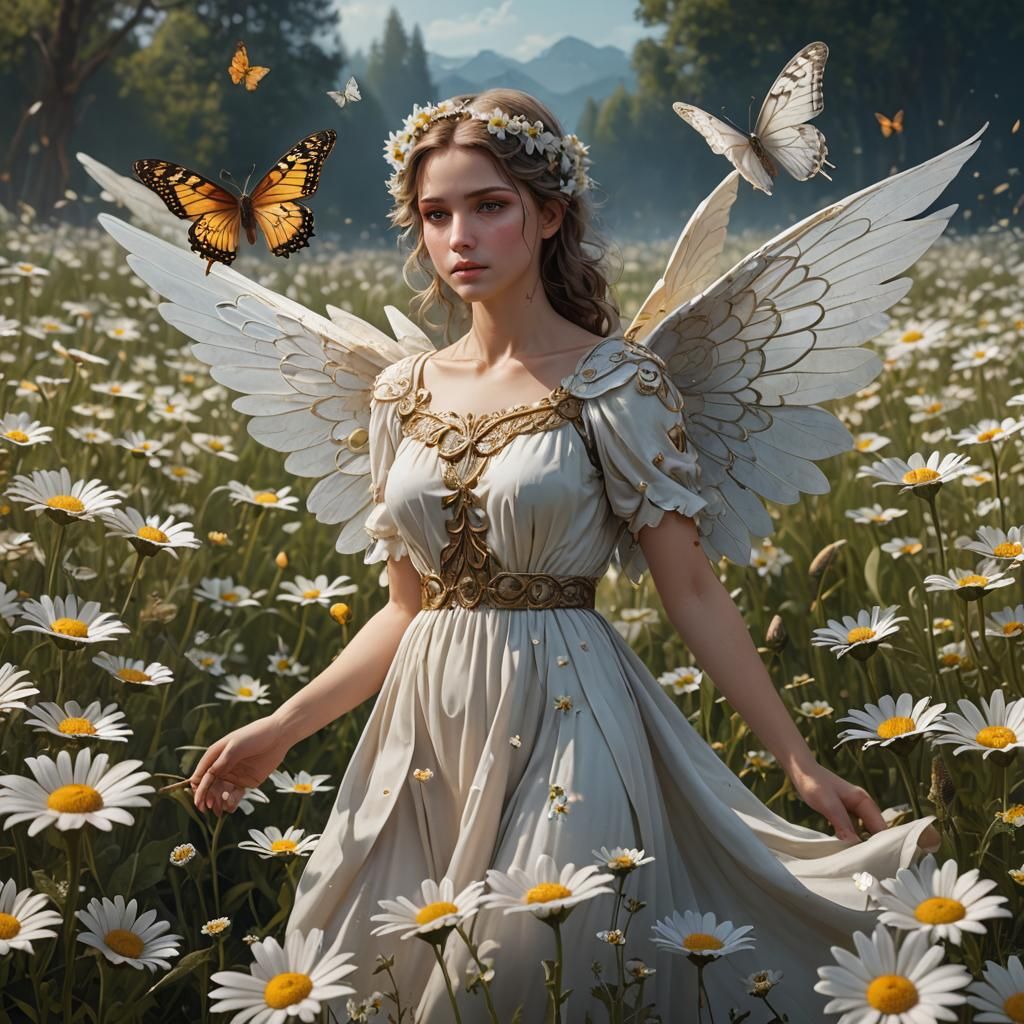 Angel with Butterfly Wings in Daisy Field