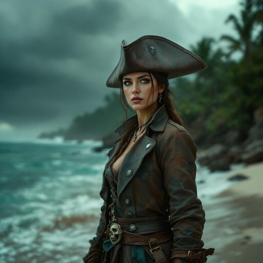 Fierce Pirate Captain on Tropical Beach