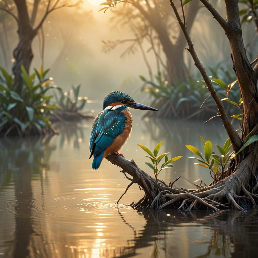 Serene Mangrove Lagoon in Vibrant Watercolour Style