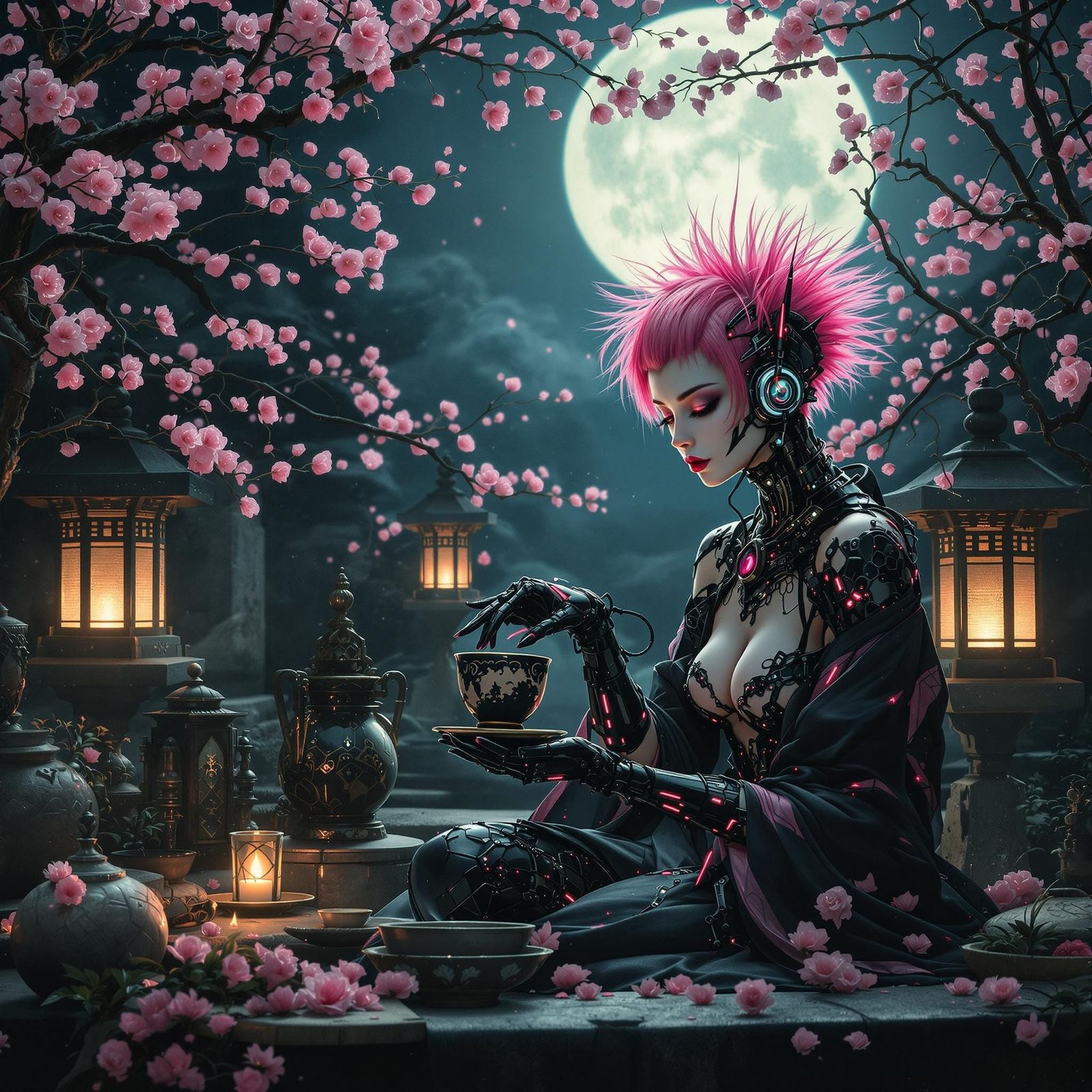 Gothic Cyborg Geisha in Moonlit Garden