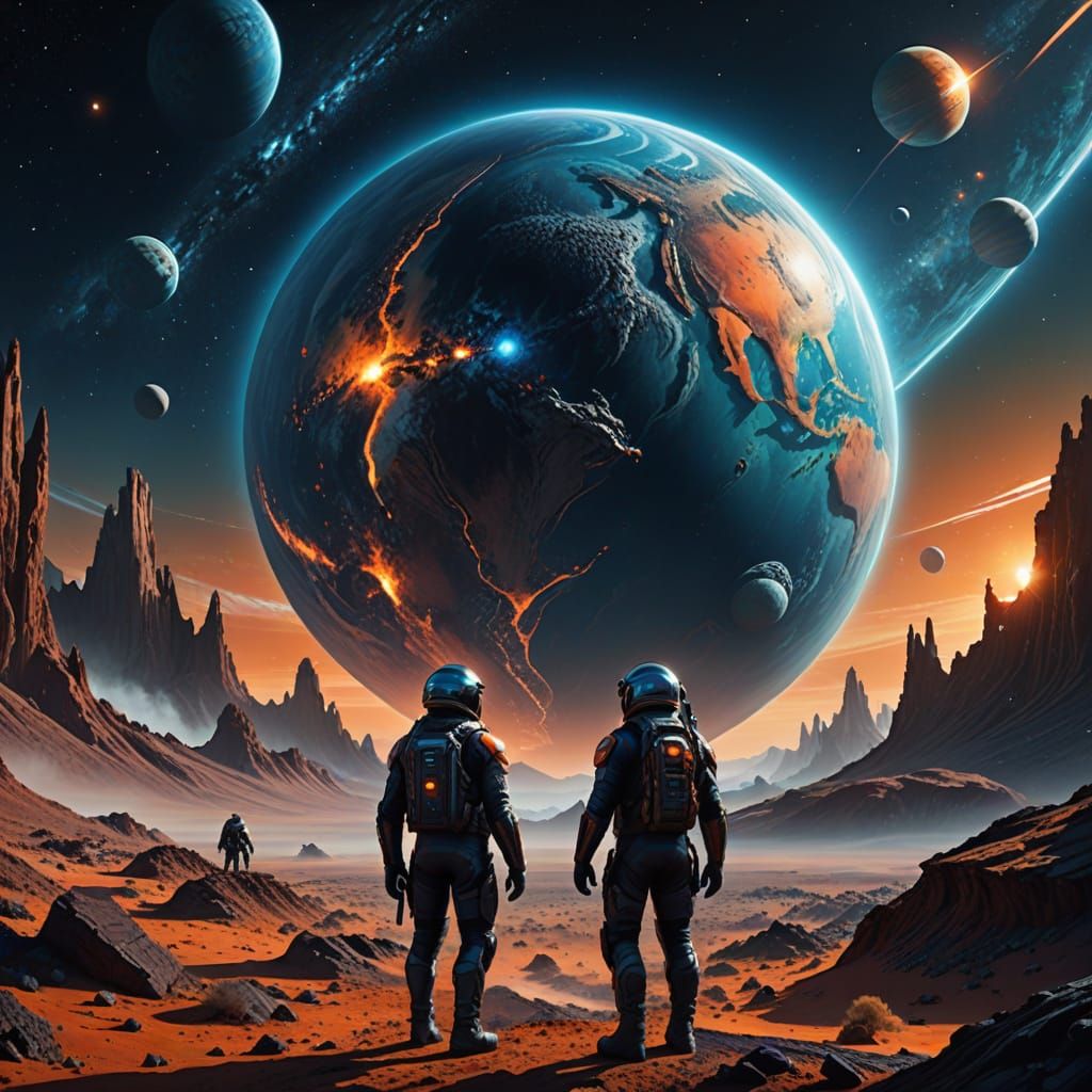 A Biker and Soldier Contemplate Earth in Space