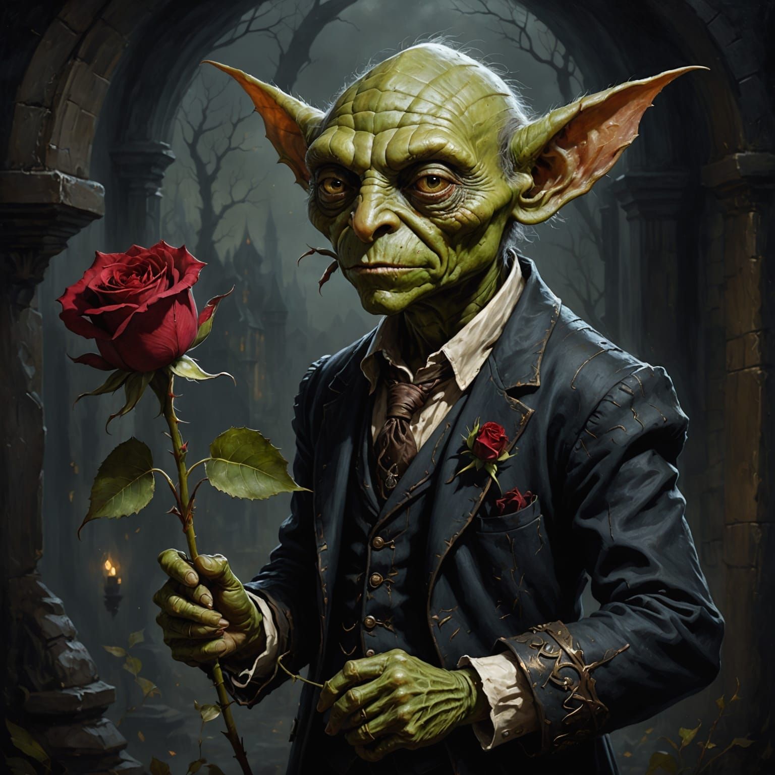 Stylish Goblin with Rose, Dark Fantasy Oil Painting