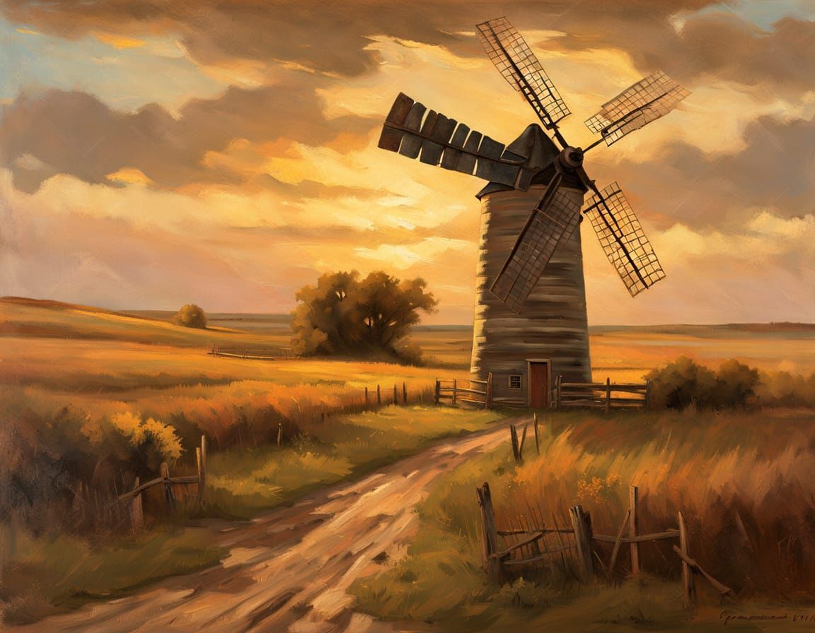 19th Century Windmill in Nebraska Landscape at Golden Hour