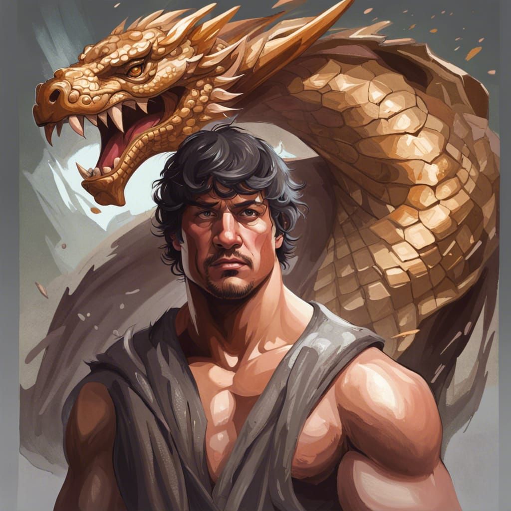 Rocky Balboa as Ancient Warrior Fighting Dragon